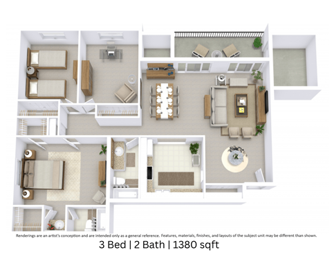 Floor plan for 3 beds, 2 baths, 1380 sqft